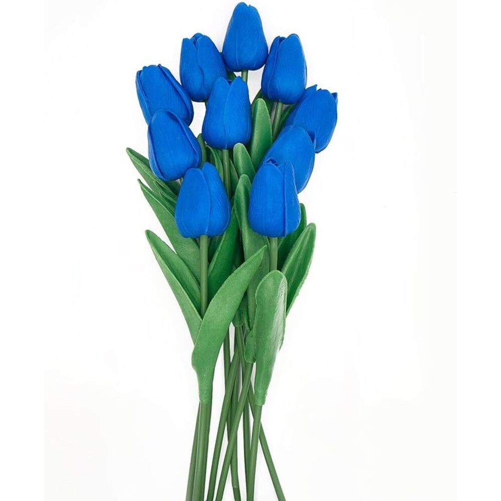 Blue Flowers Fake Tulips Artificial Flowers, Real Feel, 10 Pcs